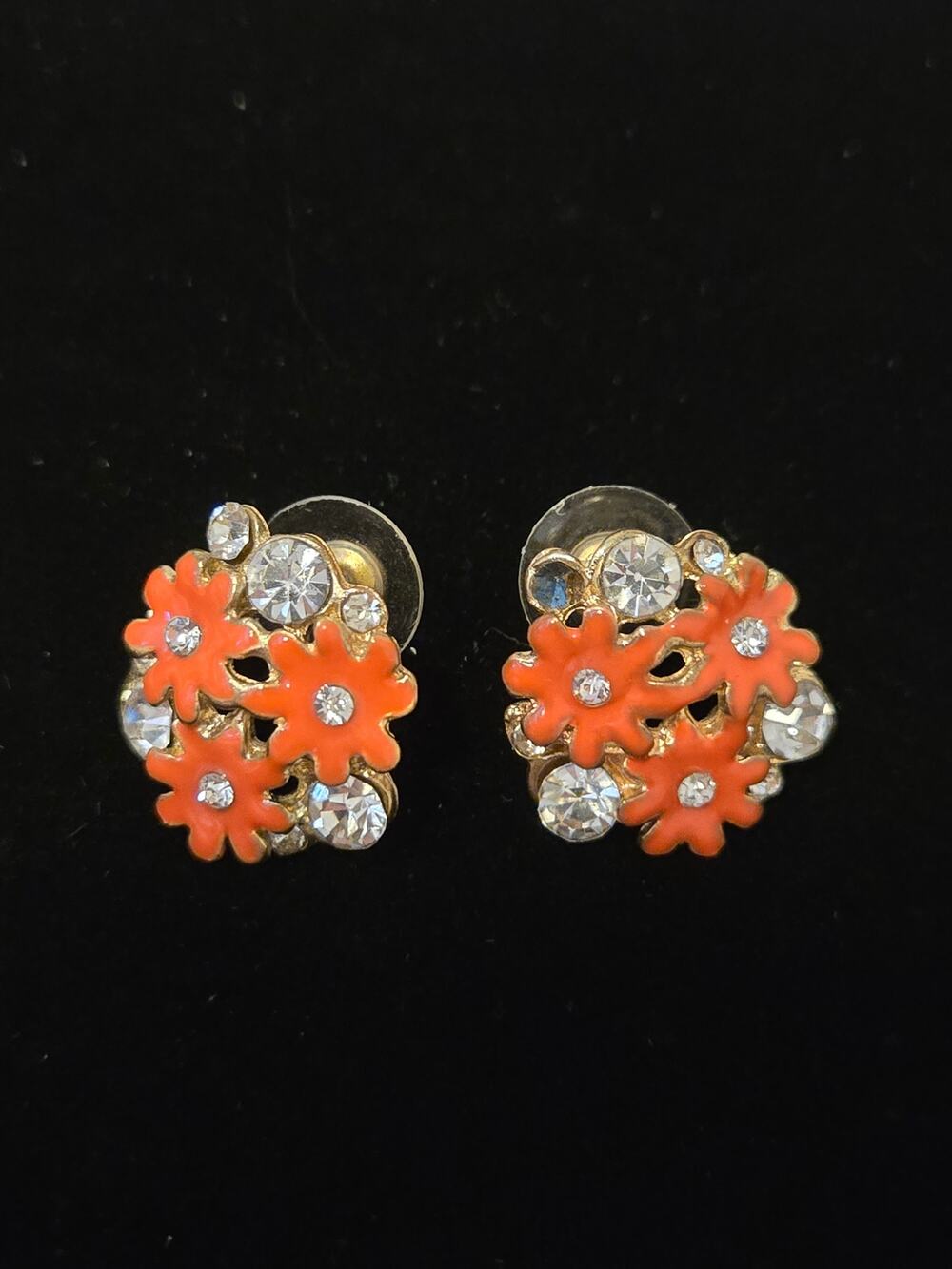 Vintage Y2K Coral and Gold Floral Cluster Rhinestone Earrings